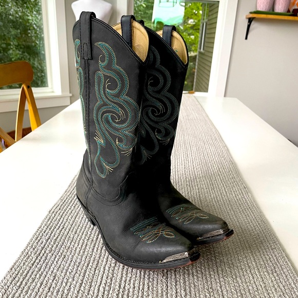 Vintage Smokey Mountain Teal Brown Embroidered Black Leather Cowboy Boots - Picture 7 of 15